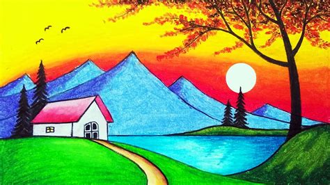 How to Draw Beautiful Sunset and Mountain Lake Scenery Drawing for ...