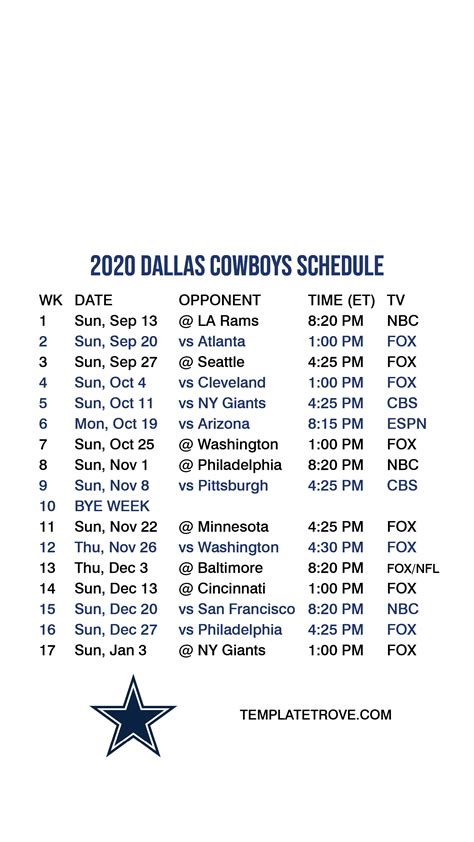 2020-2021 Dallas Cowboys Lock Screen Schedule for iPhone 6-7-8 Plus