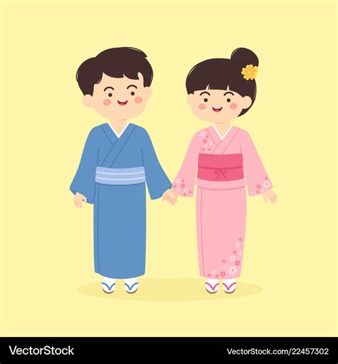 Cute japanese kimono couple cartoon Royalty Free Vector