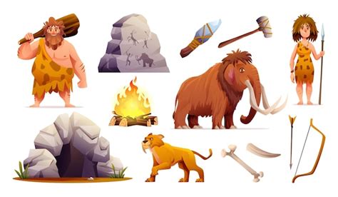 Premium Vector | Set of prehistoric stone age people, tools and ancient ...