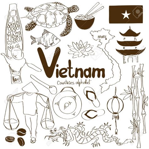 Fun sketch collection of Vietnamese icons, countries alphabet Stock ...