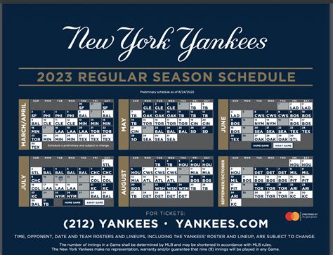 New York Yankees Printable Regular Season Schedule - 2023 - yebscore.com