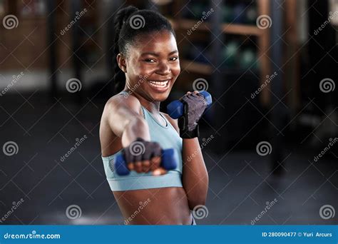 Portrait, Dumbbell or Happy Black Woman Boxing in Training, Exercise or ...