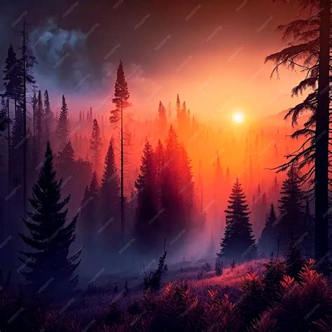 Premium Photo | Forest sunset or sunrise landscape background