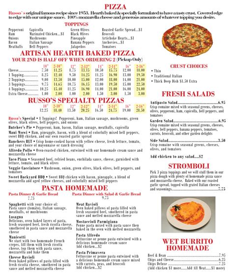 Russo's Pizza Menu