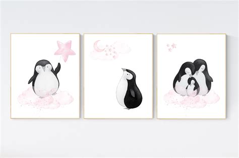 Penguin nursery, pink nursery wall art, girl nursery, baby room wall ...