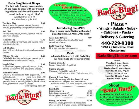 Bada Bing menu in Chesterland, Ohio, USA