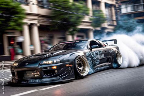 Tuned Toyota Supra drifting through Los Angeles. Generative AI. Stock ...