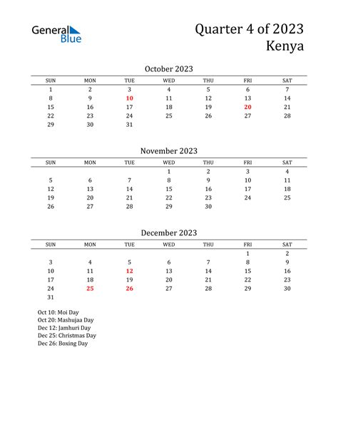 Q4 2023 Quarterly Calendar with Kenya Holidays