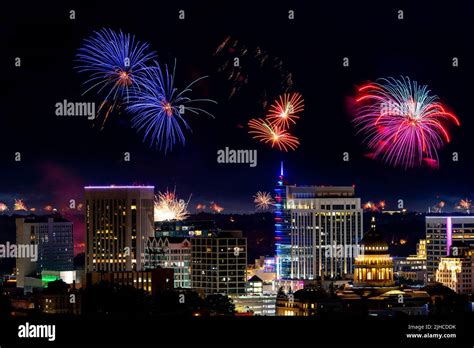 Night skyline of Boise Idaho with colorful celebration fireworks Stock ...