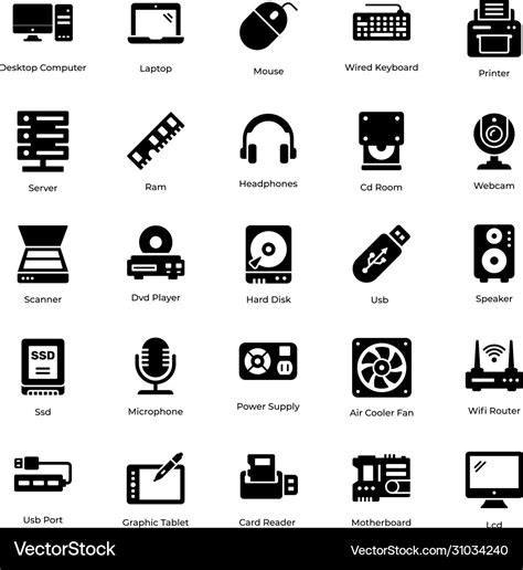 Computer hardware devices glyph pack Royalty Free Vector