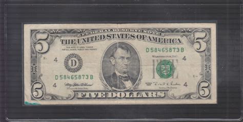 1995 (D) $5 Five Dollar Bill Federal Reserve Note Cleveland Old Vintage ...