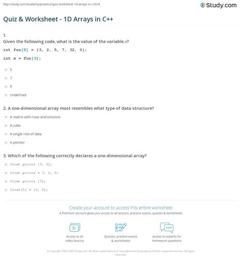 Quiz & Worksheet - 1D Arrays in C++ | Study.com