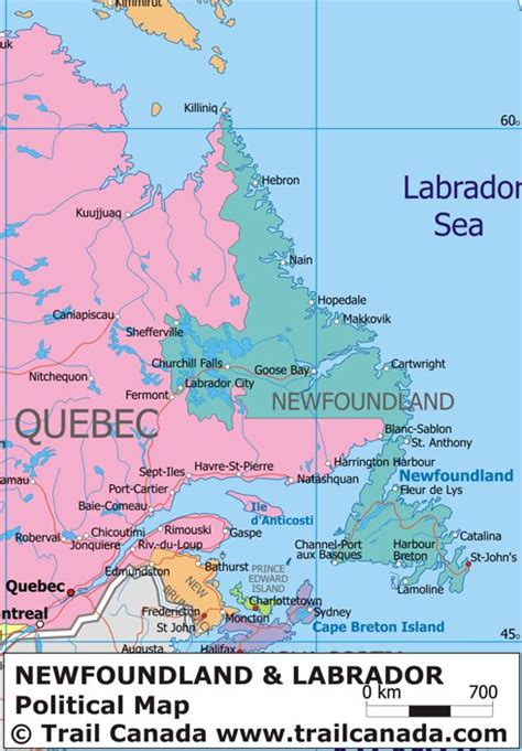 Political Map of Newfoundland and Labrador, Canada