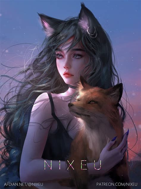 Online crop | HD wallpaper: Nixeu, drawing, women, fox girl, dark hair ...