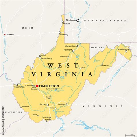 West Virginia, WV, political map. State in the Appalachian region of ...