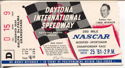 Daytona Modified Sportsman 250 Race Ticket Stub NASCAR 2/25/1961-VF ...