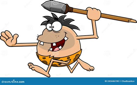 Outlined Happy Caveman Cartoon Character Hunting with a Spear Stock ...