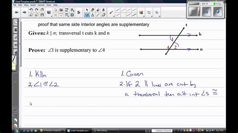 Prove same side interior angles supplementary - YouTube