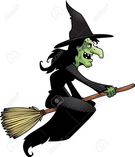 a cartoon witch flying on a broom with her eyes closed and one hand in ...