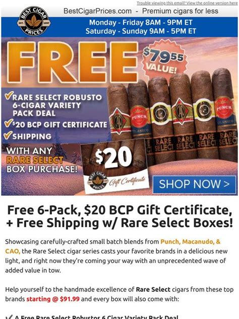 Best Cigar Prices: Free 6-Pack, $20 BCP Gift Certificate, + Free ...