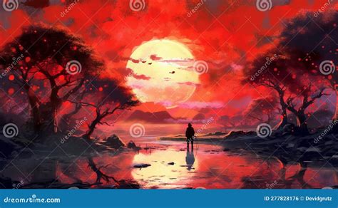 Digital Artwork of a Red Sunset in Anime or Manga. Generative AI Stock ...