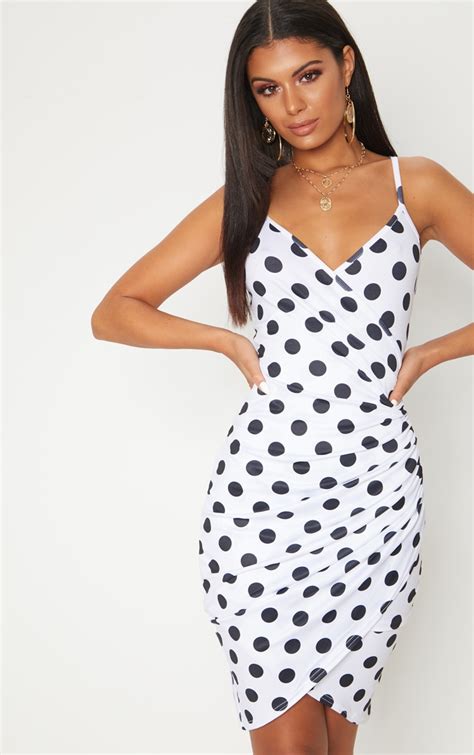 White Polka Dot Wrap Detail Midi Dress | PrettyLittleThing