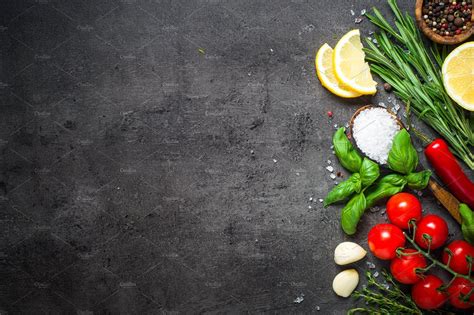 Food cooking background on black stock photo containing basil and ...