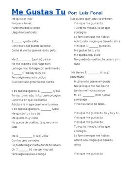 SONG Me Gustas Tu Luis Fonsi GUSTAR & Pronouns Student sheet & ANSWER SHEET