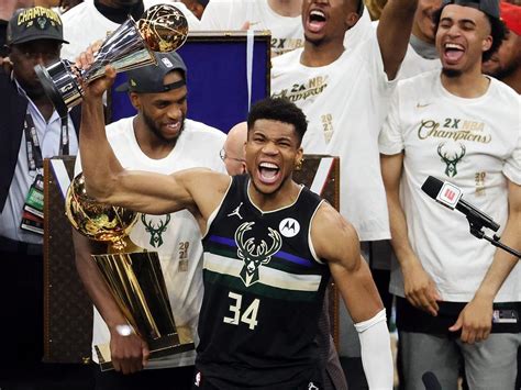 NBA finals trophy presentation, Giannis Antetokounmpo, Milwaukee Bucks ...