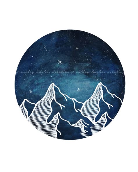 Blue Mountain Circle Watercolor Nature Night Galaxy Sky Minimal Circle ...