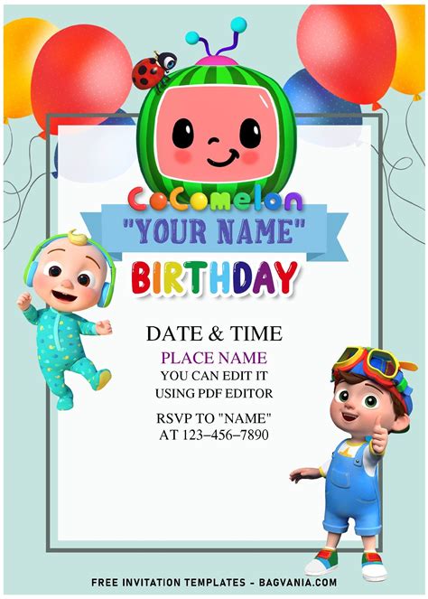 (Free Editable PDF) Colorful Balloons Cocomelon Birthday Invitation Tem ...