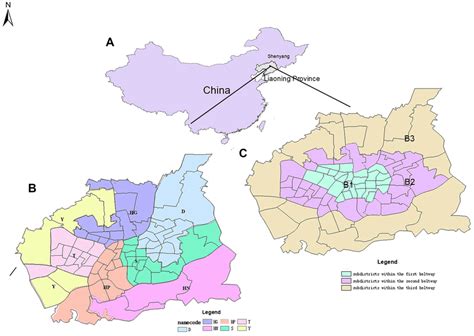 (A) Location of Shenyang in China; (B) Distribution of seven districts ...