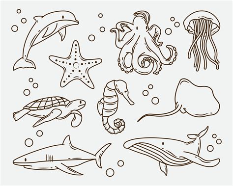 Set of hand drawn sea animal cartoon doodle bundle coloring 5303457 ...