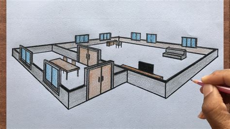 How To Draw A House Layout Floor Plan Using 2 Point Perspective Step By ...