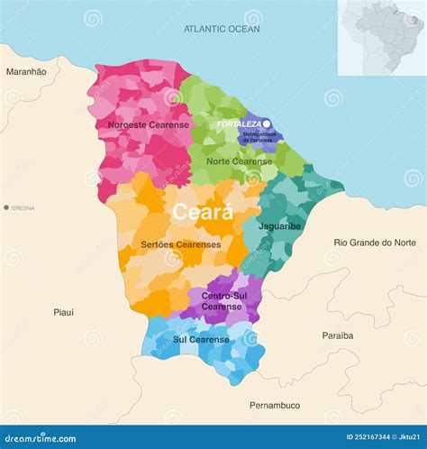 Brazil State Ceara Administrative Map Showing Municipalities Colored by ...