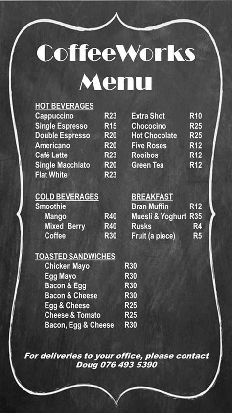 Menu at COFFEEWORKS, Sandton