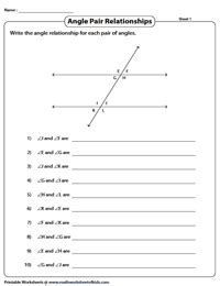 Angles Formed by a Transversal Worksheets