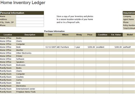 Home Inventory Ledger Template - My Excel Templates