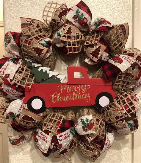 RED TRUCK CHRISTMAS Wreath Burlap Deco Mesh Rustic Merry - Etsy