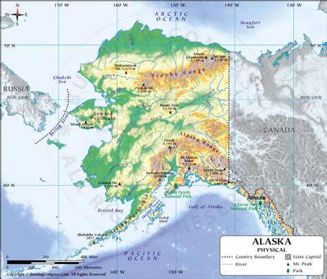 Alaska Physical Map showing Geographical / Physical Features with ...