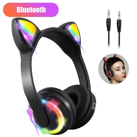 TSV Wireless Bluetooth Cat Ear Headphones with Mic, 7 Colors LED Light ...