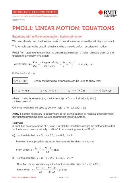 PMO1.1: LINEAR MOTION: EQUATIONS