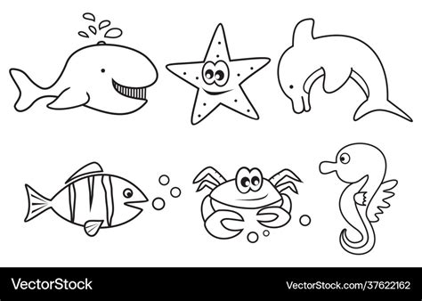 Sea animals coloring book set Royalty Free Vector Image