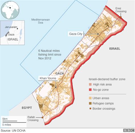 map of Gaza showing buffer zone (on land) and six-mile fishing ...