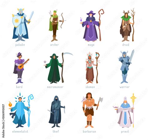 RPG characters classes. Roleplaying game. Armed heroes in costumes ...