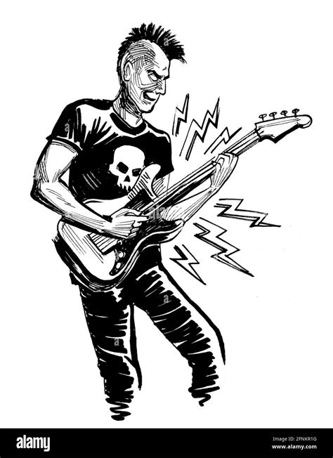 Punk rocker playing electric guitar. Ink black and white drawing Stock ...