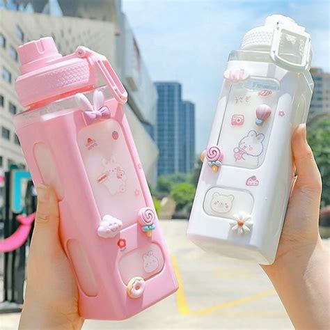 JHTPSLR Large Kawaii Water Bottle With Straw And 3D Stickers Cute ...