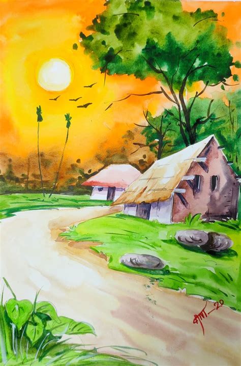 Beautiful watercolour scenery with sunset//village scenery painting ...