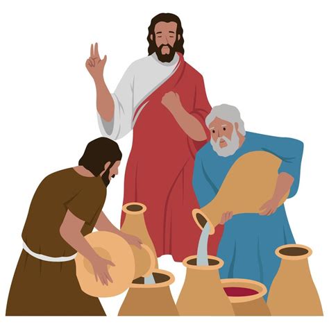 Jesus is doing the miracle of turning water into wine, cute cartoon ...